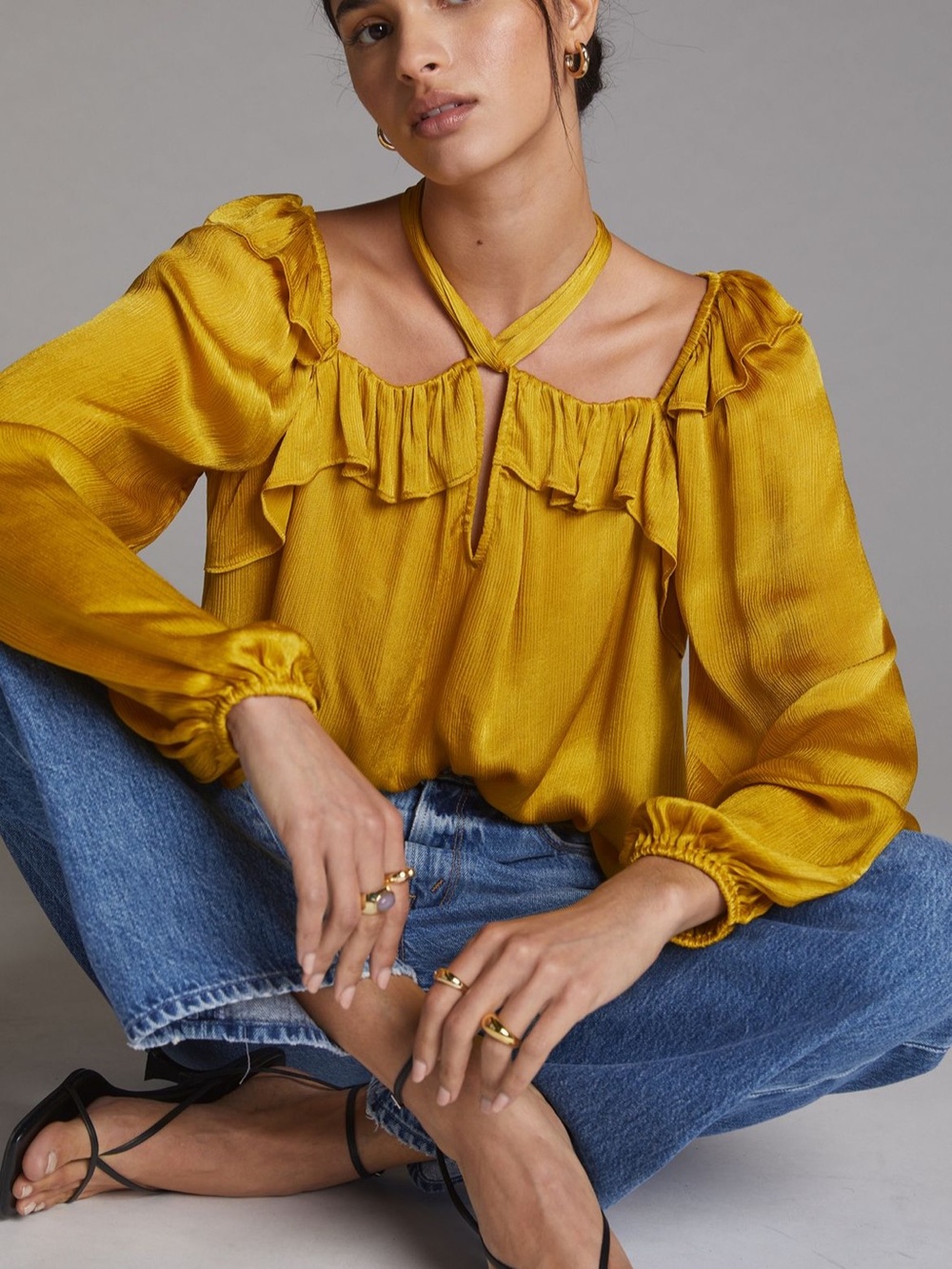 Anthropologie Mustard Ruffle Tie-Neck Long-Sleeve Blouse